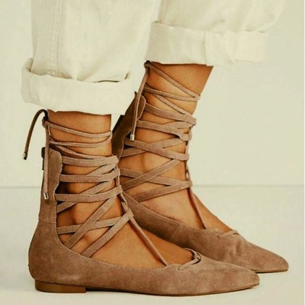 Free People Shay Lace-Up Flats Taupe Suede Leather Corset Strappy Distressed 6